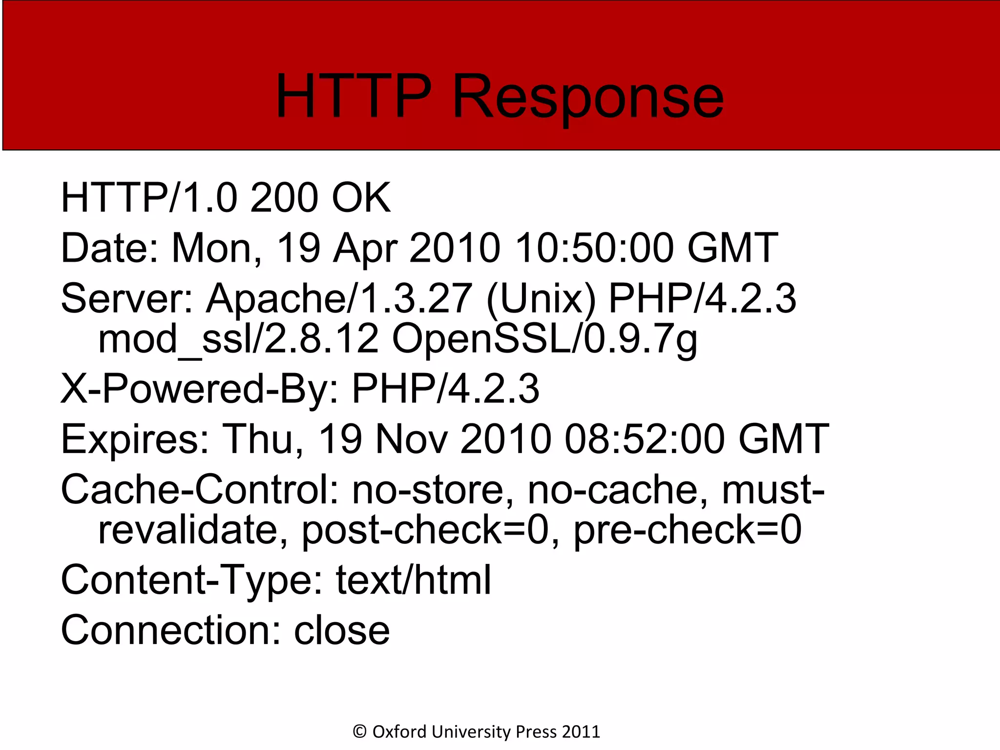 © Oxford University Press 2011 HTTP Response HTTP/1.0 200 OK Date: Mon, 19 Apr 2010 10:50:00 GMT Server: Apache/1.3.27 (Unix) PHP/4.2.3 mod_ssl/2.8.12 OpenSSL/0.9.7g X-Powered-By: PHP/4.2.3 Expires: Thu, 19 Nov 2010 08:52:00 GMT Cache-Control: no-store, no-cache, must- revalidate, post-check=0, pre-check=0 Content-Type: text/html Connection: close 