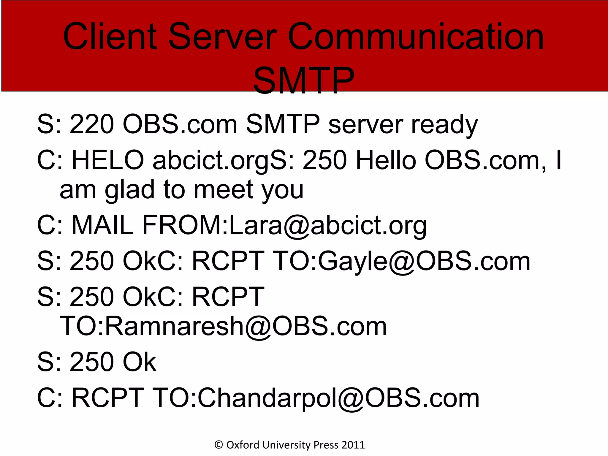 © Oxford University Press 2011 Client Server Communication SMTP S: 220 OBS.com SMTP server ready C: HELO abcict.orgS: 250 Hello OBS.com, I am glad to meet you C: MAIL FROM:Lara@abcict.org S: 250 OkC: RCPT TO:Gayle@OBS.com S: 250 OkC: RCPT TO:Ramnaresh@OBS.com S: 250 Ok C: RCPT TO:Chandarpol@OBS.com 