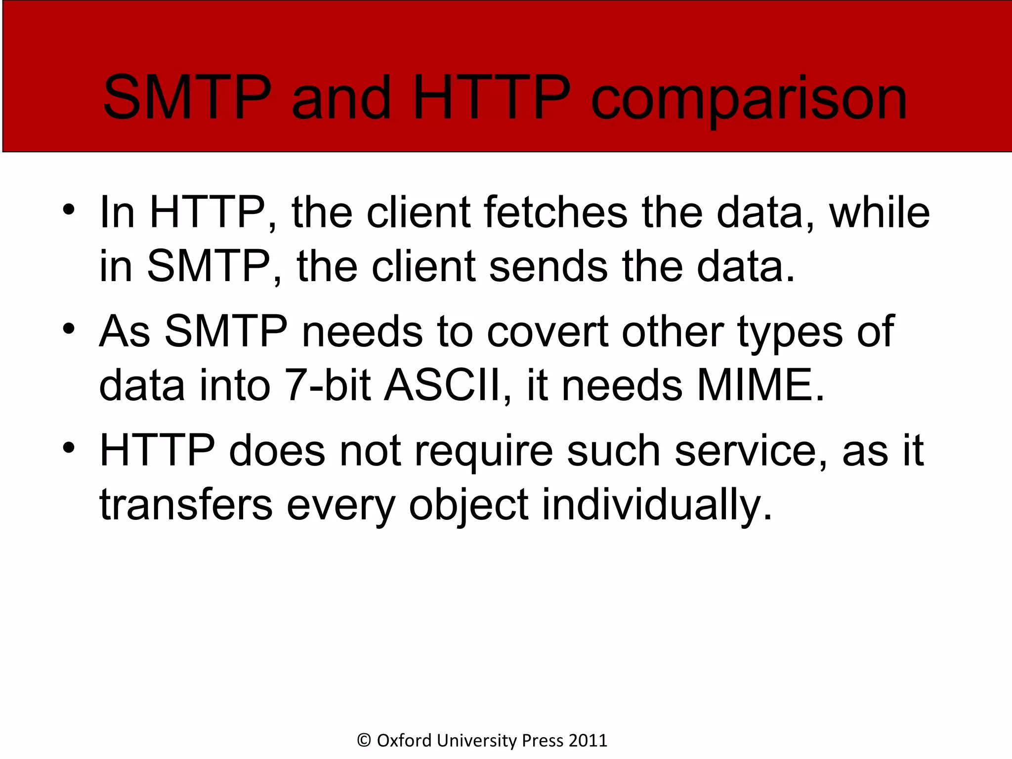 © Oxford University Press 2011 SMTP and HTTP comparison • In HTTP, the client fetches the data, while in SMTP, the client sends the data. • As SMTP needs to covert other types of data into 7-bit ASCII, it needs MIME. • HTTP does not require such service, as it transfers every object individually. 