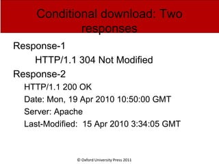 © Oxford University Press 2011
Conditional download: Two
responses
Response-1
HTTP/1.1 304 Not Modified
Response-2
HTTP/1.1 200 OK
Date: Mon, 19 Apr 2010 10:50:00 GMT
Server: Apache
Last-Modified: 15 Apr 2010 3:34:05 GMT
 