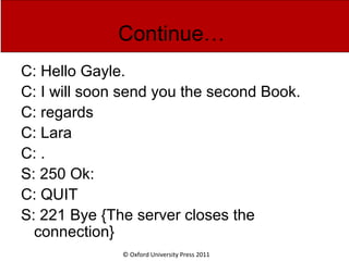 © Oxford University Press 2011
Continue…
C: Hello Gayle.
C: I will soon send you the second Book.
C: regards
C: Lara
C: .
S: 250 Ok:
C: QUIT
S: 221 Bye {The server closes the
connection}
 