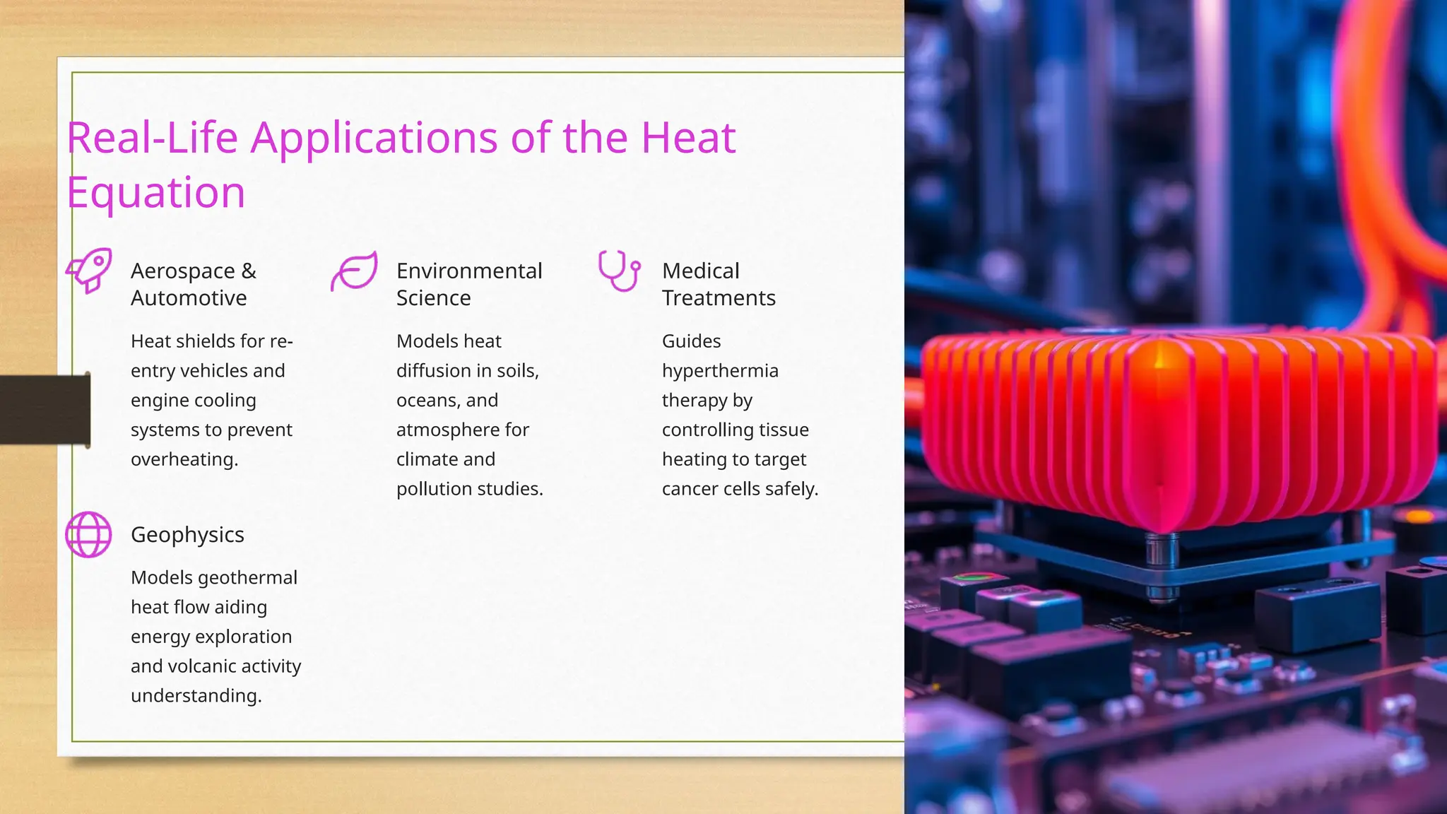 Real-Life Applications of the Heat
Equation
Aerospace &
Automotive
Heat shields for re-
entry vehicles and
engine cooling
systems to prevent
overheating.
Environmental
Science
Models heat
diffusion in soils,
oceans, and
atmosphere for
climate and
pollution studies.
Medical
Treatments
Guides
hyperthermia
therapy by
controlling tissue
heating to target
cancer cells safely.
Geophysics
Models geothermal
heat flow aiding
energy exploration
and volcanic activity
understanding.
 