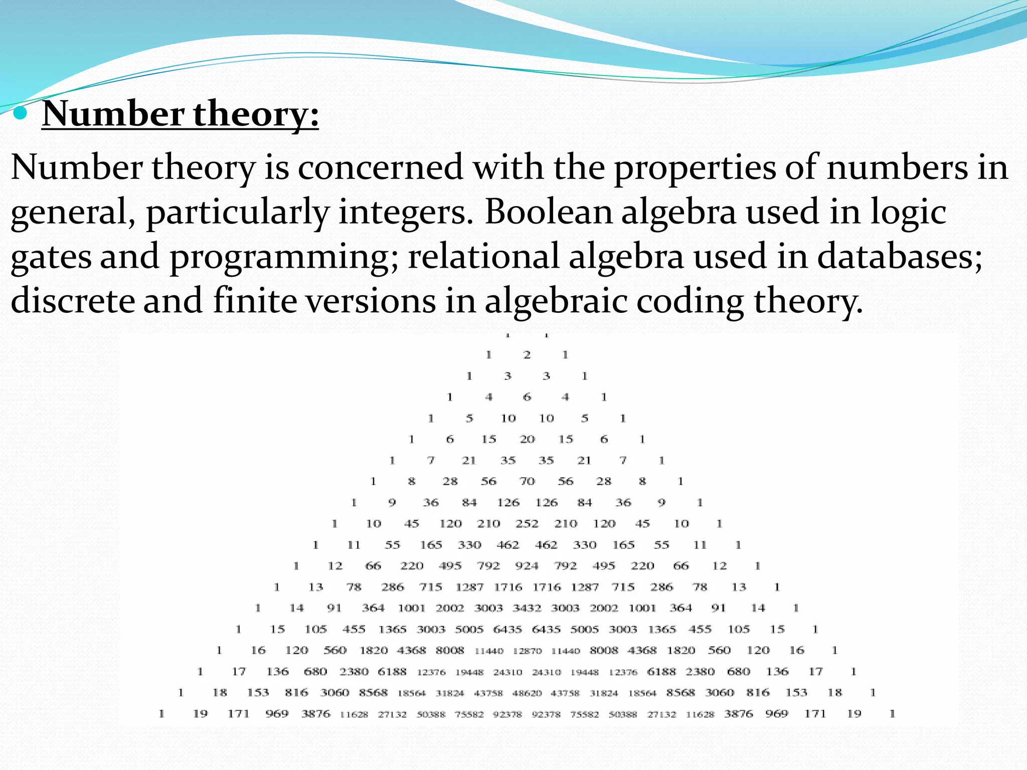  Number theory:
Number theory is concerned with the properties of numbers in
general, particularly integers. Boolean algebra used in logic
gates and programming; relational algebra used in databases;
discrete and finite versions in algebraic coding theory.
 