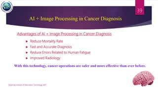 Myanmar Institute of Information Technology, MIIT
39
AI + Image Processing in Cancer Diagnosis
 Reduce Mortality Rate
 Fast and Accurate Diagnosis
 Reduce Errors Related to Human Fatigue
 Improved Radiology
With this technology, cancer operations are safer and more effective than ever before.
Advantages of AI + Image Processing in Cancer Diagnosis
 