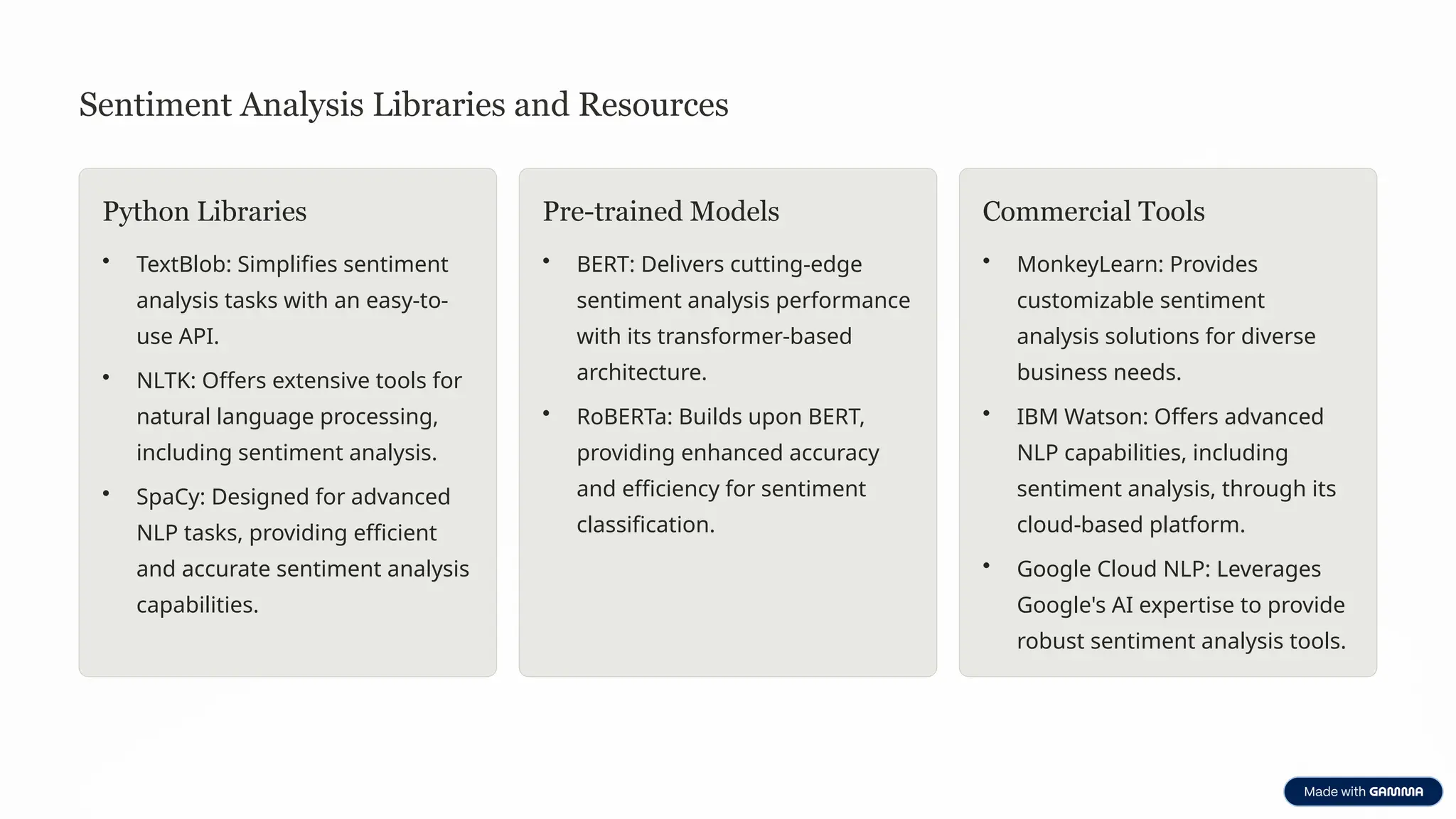 Sentiment Analysis Libraries and Resources
Python Libraries
• TextBlob: Simplifies sentiment
analysis tasks with an easy-to-
use API.
• NLTK: Offers extensive tools for
natural language processing,
including sentiment analysis.
• SpaCy: Designed for advanced
NLP tasks, providing efficient
and accurate sentiment analysis
capabilities.
Pre-trained Models
• BERT: Delivers cutting-edge
sentiment analysis performance
with its transformer-based
architecture.
• RoBERTa: Builds upon BERT,
providing enhanced accuracy
and efficiency for sentiment
classification.
Commercial Tools
• MonkeyLearn: Provides
customizable sentiment
analysis solutions for diverse
business needs.
• IBM Watson: Offers advanced
NLP capabilities, including
sentiment analysis, through its
cloud-based platform.
• Google Cloud NLP: Leverages
Google's AI expertise to provide
robust sentiment analysis tools.
 