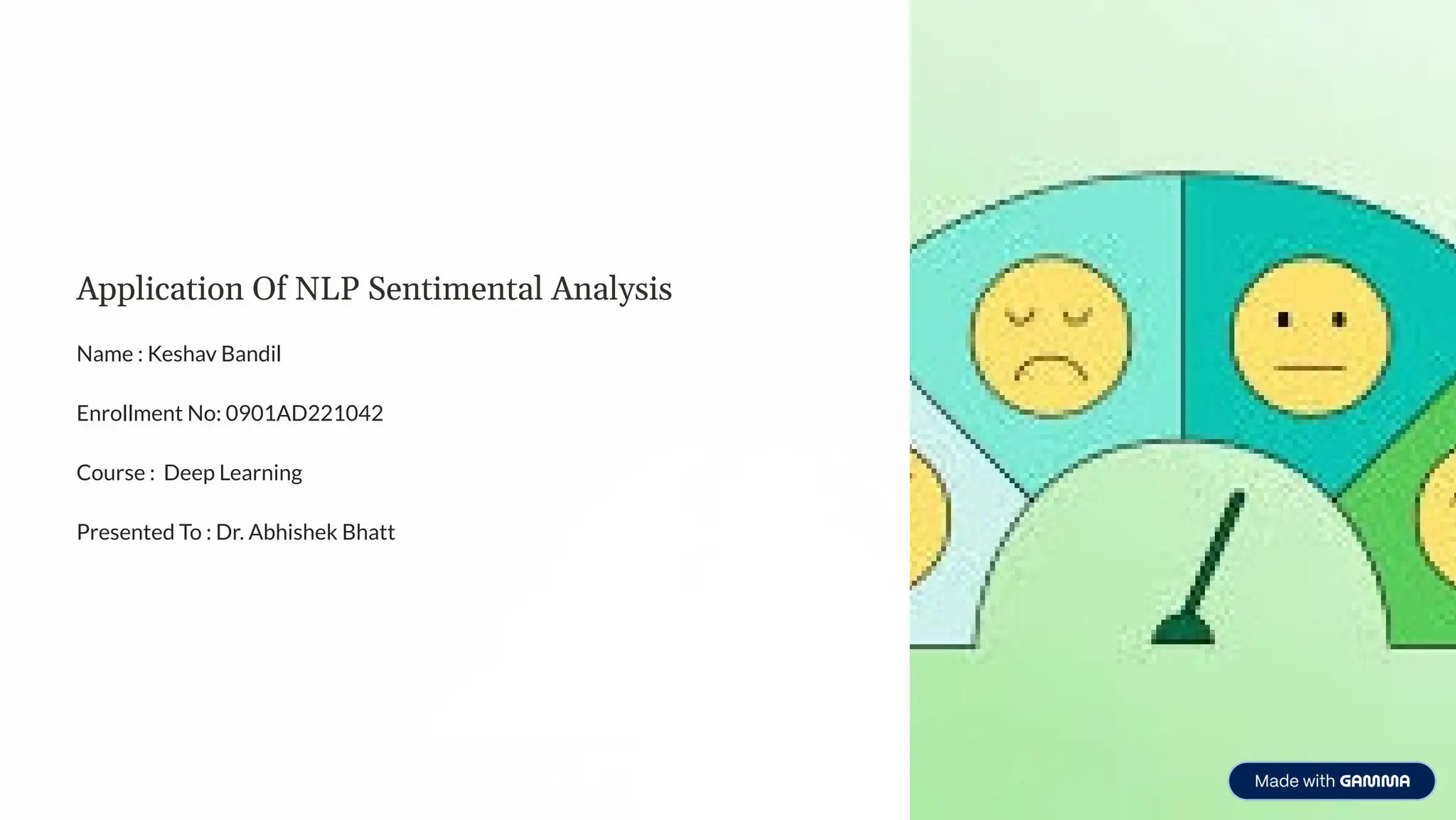 Application Of NLP Sentimental Analysis
Name : Keshav Bandil
Enrollment No: 0901AD221042
Course : Deep Learning
Presented To : Dr. Abhishek Bhatt
 