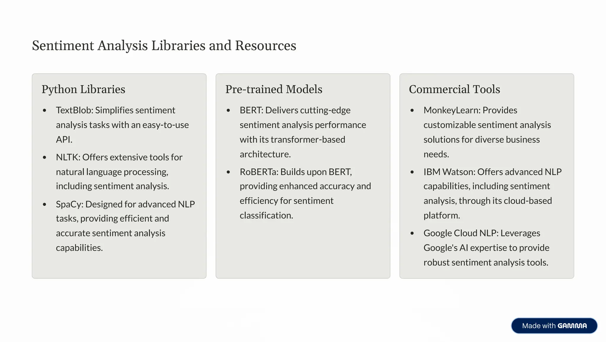 Sentiment Analysis Libraries and Resources
Python Libraries
TextBlob: Simplifies sentiment
analysis tasks with an easy-to-use
API.
NLTK: Offers extensive tools for
natural language processing,
including sentiment analysis.
SpaCy: Designed for advanced NLP
tasks, providing efficient and
accurate sentiment analysis
capabilities.
Pre-trained Models
BERT: Delivers cutting-edge
sentiment analysis performance
with its transformer-based
architecture.
RoBERTa: Builds upon BERT,
providing enhanced accuracy and
efficiency for sentiment
classification.
Commercial Tools
MonkeyLearn: Provides
customizable sentiment analysis
solutions for diverse business
needs.
IBM Watson: Offers advanced NLP
capabilities, including sentiment
analysis, through its cloud-based
platform.
Google Cloud NLP: Leverages
Google's AI expertise to provide
robust sentiment analysis tools.
 