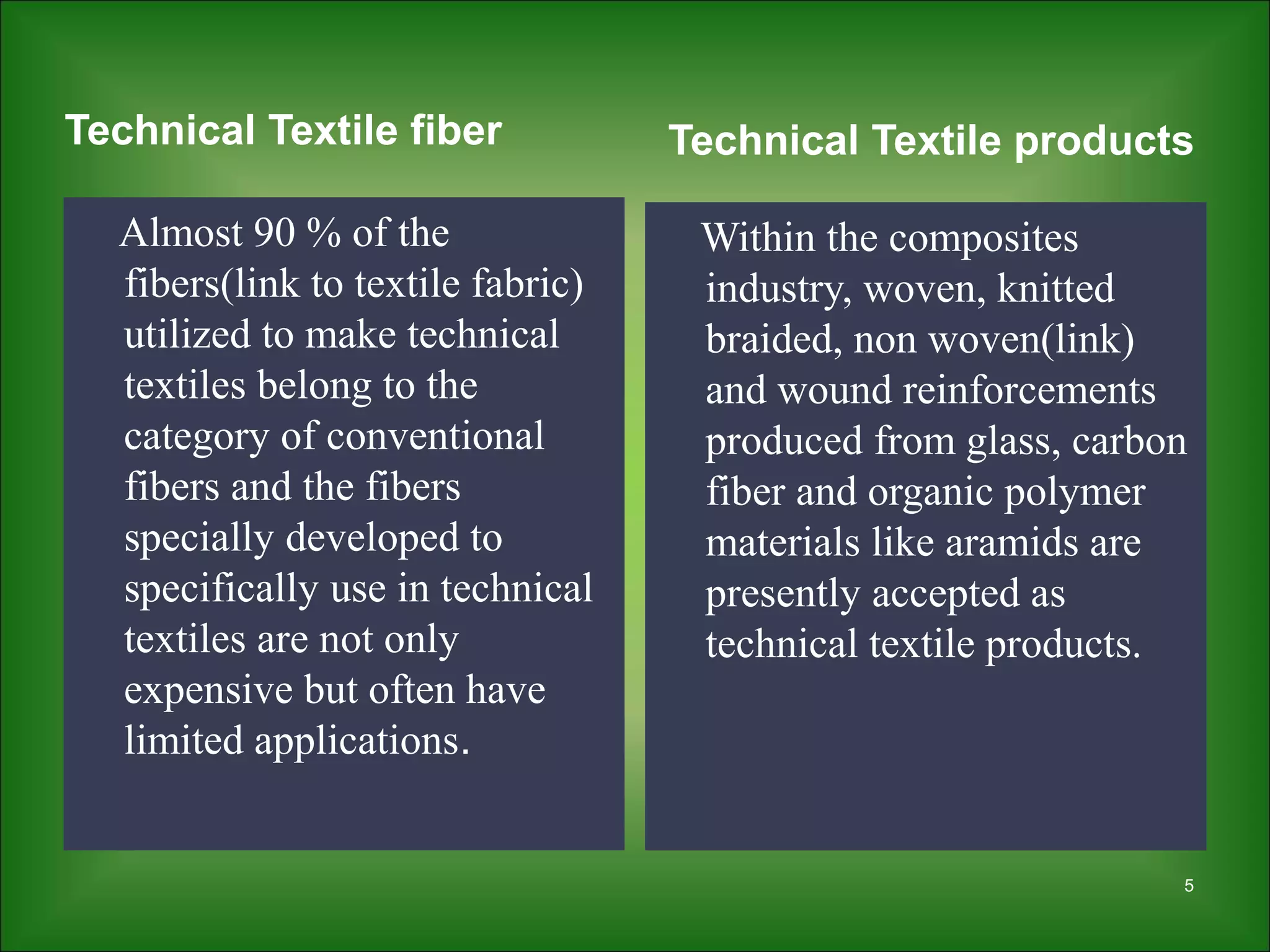 Technical Textile fiber
Almost 90 % of the
fibers(link to textile fabric)
utilized to make technical
textiles belong to the
category of conventional
fibers and the fibers
specially developed to
specifically use in technical
textiles are not only
expensive but often have
limited applications.
Technical Textile products
Within the composites
industry, woven, knitted
braided, non woven(link)
and wound reinforcements
produced from glass, carbon
fiber and organic polymer
materials like aramids are
presently accepted as
technical textile products.
5
 