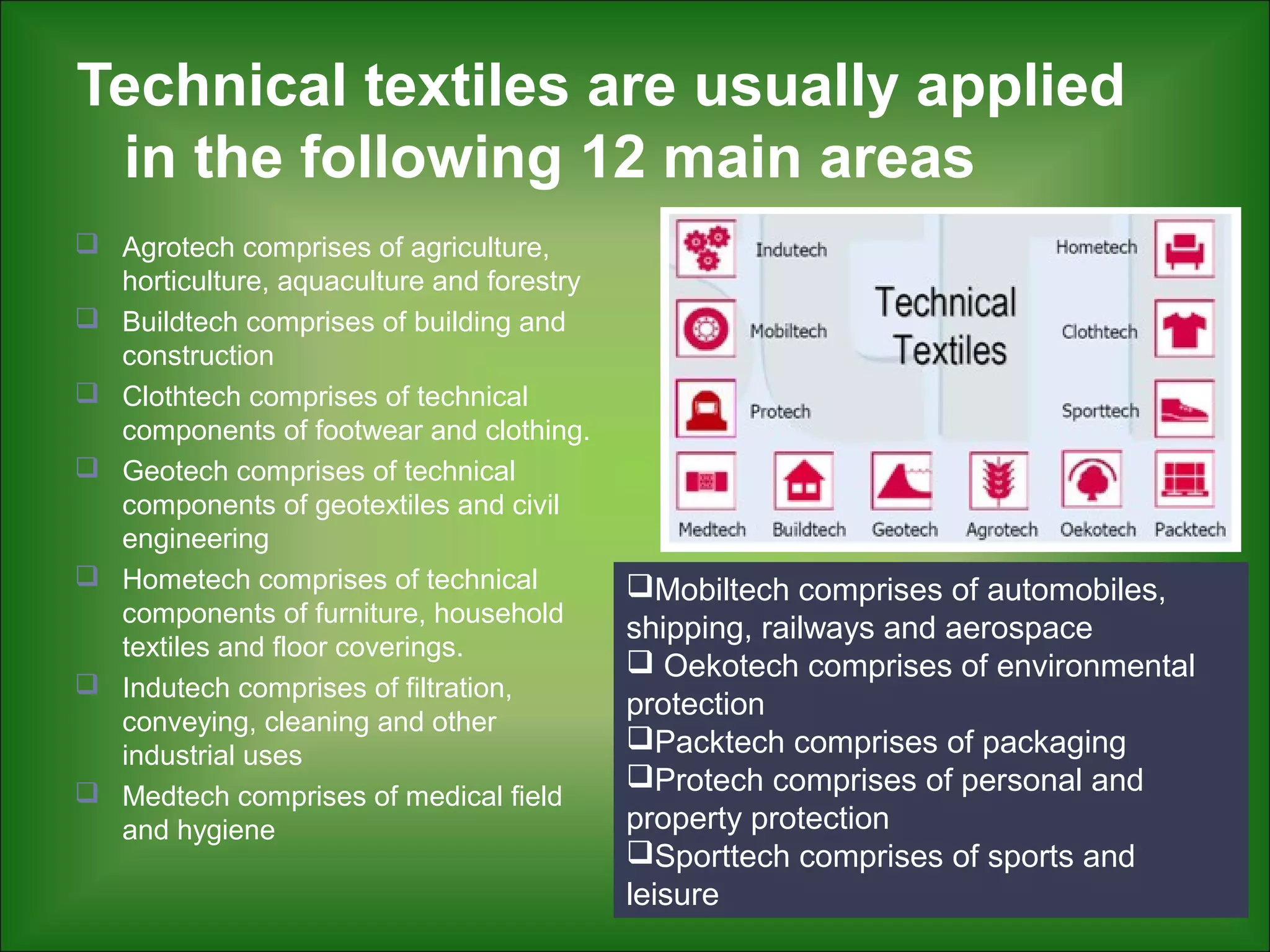 Technical textiles are usually applied
in the following 12 main areas
 Agrotech comprises of agriculture,
horticulture, aquaculture and forestry
 Buildtech comprises of building and
construction
 Clothtech comprises of technical
components of footwear and clothing.
 Geotech comprises of technical
components of geotextiles and civil
engineering
 Hometech comprises of technical
components of furniture, household
textiles and floor coverings.
 Indutech comprises of filtration,
conveying, cleaning and other
industrial uses
 Medtech comprises of medical field
and hygiene
7
Mobiltech comprises of automobiles,
shipping, railways and aerospace
 Oekotech comprises of environmental
protection
Packtech comprises of packaging
Protech comprises of personal and
property protection
Sporttech comprises of sports and
leisure
 
