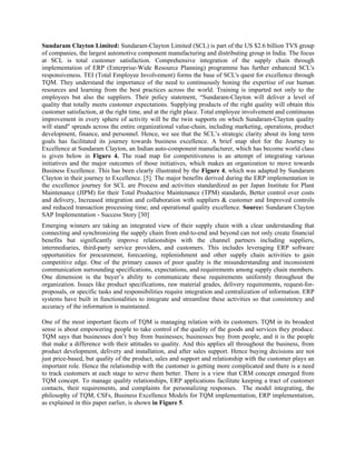 Sundaram Clayton Limited: Sundaram-Clayton Limited (SCL) is part of the US $2.6 billion TVS group
of companies, the largest automotive component manufacturing and distributing group in India. The focus
at SCL is total customer satisfaction. Comprehensive integration of the supply chain through
implementation of ERP (Enterprise-Wide Resource Planning) programme has further enhanced SCL's
responsiveness. TEI (Total Employee Involvement) forms the base of SCL's quest for excellence through
TQM. They understand the importance of the need to continuously honing the expertise of our human
resources and learning from the best practices across the world. Training is imparted not only to the
employees but also the suppliers. Their policy statement, “Sundaram-Clayton will deliver a level of
quality that totally meets customer expectations. Supplying products of the right quality will obtain this
customer satisfaction, at the right time, and at the right place. Total employee involvement and continuous
improvement in every sphere of activity will be the twin supports on which Sundaram-Clayton quality
will stand" spreads across the entire organizational value-chain, including marketing, operations, product
development, finance, and personnel. Hence, we see that the SCL’s strategic clarity about its long term
goals has facilitated its journey towards business excellence. A brief snap shot for the Journey to
Excellence at Sundaram Clayton, an Indian auto-component manufacturer, which has become world class
is given below in Figure 4. The road map for competitiveness is an attempt of integrating various
initiatives and the major outcomes of those initiatives, which makes an organization to move towards
Business Excellence. This has been clearly illustrated by the Figure 4, which was adapted by Sundaram
Clayton in their journey to Excellence. [5]. The major benefits derived during the ERP implementation in
the excellence journey for SCL are Process and activities standardized as per Japan Institute for Plant
Maintenance (JIPM) for their Total Productive Maintenance (TPM) standards, Better control over costs
and delivery, Increased integration and collaboration with suppliers & customer and Improved controls
and reduced transaction processing time; and operational quality excellence. Source: Sundaram Clayton
SAP Implementation - Success Story [30]
Emerging winners are taking an integrated view of their supply chain with a clear understanding that
connecting and synchronizing the supply chain from end-to-end and beyond can not only create financial
benefits but significantly improve relationships with the channel partners including suppliers,
intermediaries, third-party service providers, and customers. This includes leveraging ERP software
opportunities for procurement, forecasting, replenishment and other supply chain activities to gain
competitive edge. One of the primary causes of poor quality is the misunderstanding and inconsistent
communication surrounding specifications, expectations, and requirements among supply chain members.
One dimension is the buyer’s ability to communicate these requirements uniformly throughout the
organization. Issues like product specifications, raw material grades, delivery requirements, request-for-
proposals, or specific tasks and responsibilities require integration and centralization of information. ERP
systems have built in functionalities to integrate and streamline these activities so that consistency and
accuracy of the information is maintained.

One of the most important facets of TQM is managing relation with its customers. TQM in its broadest
sense is about empowering people to take control of the quality of the goods and services they produce.
TQM says that businesses don’t buy from businesses; businesses buy from people, and it is the people
that make a difference with their attitudes to quality. And this applies all throughout the business, from
product development, delivery and installation, and after sales support. Hence buying decisions are not
just price-based, but quality of the product, sales and support and relationship with the customer plays an
important role. Hence the relationship with the customer is getting more complicated and there is a need
to track customers at each stage to serve them better. There is a view that CRM concept emerged from
TQM concept. To manage quality relationships, ERP applications facilitate keeping a tract of customer
contacts, their requirements, and complaints for personalizing responses. The model integrating, the
philosophy of TQM, CSFs, Business Excellence Models for TQM implementation, ERP implementation,
as explained in this paper earlier, is shown in Figure 5.
 