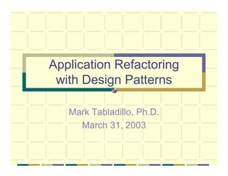 Application Refactoring
 with D i P tt
  ith Design Patterns

   Mark Tabladillo, Ph.D.
     March 31, 2003
 