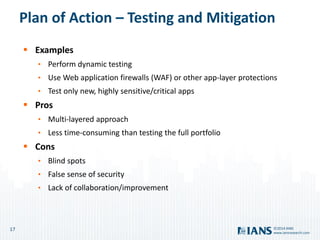 17
www.iansresearch.com
©2014 IANS
Plan of Action – Testing and Mitigation
 Examples
• Perform dynamic testing
• Use Web application firewalls (WAF) or other app-layer protections
• Test only new, highly sensitive/critical apps
 Pros
• Multi-layered approach
• Less time-consuming than testing the full portfolio
 Cons
• Blind spots
• False sense of security
• Lack of collaboration/improvement
 