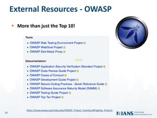 20
www.iansresearch.com
©2014 IANS
External Resources - OWASP
 More than just the Top 10!
https://www.owasp.org/index.php/OWASP_Project_Inventory#Flagship_Projects
 