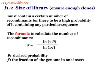 I 1-2  Size of library   (ensure enough clones) must contain a certain number of recombinants for there to be a high probability of it containing any particular sequence The  formula  to calculate the number of recombinants: N  = ln (1 - P ) ln (1- f ) P :  desired probability  f  : the fraction of  the genome in one insert  I 1  Genomic libraries   