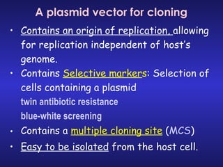 Contains an origin of replication,  allowing for replication independent of host’s genome. Contains  Selective marker s : Selection of cells containing a plasmid   twin antibiotic resistance blue-white screening Contains a  multiple cloning site  ( MCS ) Easy to be isolated  from the host cell. A plasmid vector for cloning 