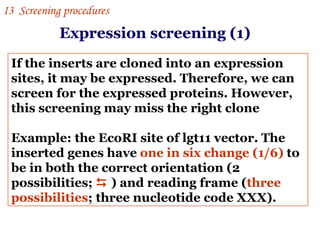 Expression screening (1) If the inserts are cloned into an expression sites, it may be expressed. Therefore, we can screen for the expressed proteins. However, this screening may miss the right clone Example: the EcoRI site of lgt11 vector. The inserted genes have  one in six change (1/6)  to be in both the correct orientation (2 possibilities;    ) and reading frame ( three possibilities ; three nucleotide code XXX). I 3  Screening procedures 