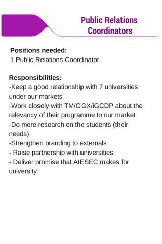 Public Relations
Coordinators
Positions needed:
1 Public Relations Coordinator
Responsibilities:
-Keep a good relationship with 7 universities
under our markets
-Work closely with TM/OGX/iGCDP about the
relevancy of their programme to our market
-Do more research on the students (their
needs)
-Strengthen branding to externals
- Raise partnership with universities
- Deliver promise that AIESEC makes for
university
 