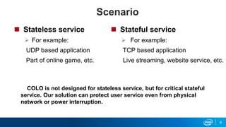 Scenario
 Stateless service
 For example:
UDP based application
Part of online game, etc.
 Stateful service
 For example:
TCP based application
Live streaming, website service, etc.
COLO is not designed for stateless service, but for critical stateful
service. Our solution can protect user service even from physical
network or power interruption.
6
 