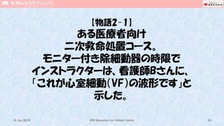 【物語2-1】
ある医療者向け
二次救命処置コース。
モニター付き除細動器の時限で
インストラクターは、看護師Bさんに、
「これが心室細動（VF）の波形です」と
示した。
CPR Education for Patient Safety 1015 Jun 2019
 