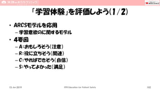 「学習体験」を評価しよう(1/2)
• ARCSモデルを応用
– 学習意欲のに関するモデル
• ４要因
– A：おもしろそう（注意）
– R：役に立ちそう（関連）
– C：やればできそう（自信）
– S：やってよかった（満足）
15 Jun 2019 CPR Education for Patient Safety 102
 