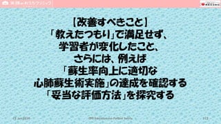 【改善すべきこと】
「教えたつもり」で満足せず、
学習者が変化したこと、
さらには、例えば
「蘇生率向上に適切な
心肺蘇生術実施」の達成を確認する
「妥当な評価方法」を探究する
CPR Education for Patient Safety 11315 Jun 2019
 