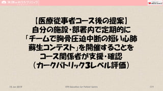 【医療従事者コース後の提案】
自分の施設・部署内で定期的に
「チームで胸骨圧迫中断の短い心肺
蘇生コンテスト」を開催することを
コース関係者が支援・確認
（カークパトリック３レベル評価）
CPR Education for Patient Safety 11715 Jun 2019
 