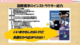 CPR Education for Patient Safety
プロフェッショナルとしての基礎
１． 効果的なコミュニケーションを行う。
２． 専門分野の知識やスキルを常に磨いておく。
３． 規定の倫理や法を順守する。
４． プロフェッショナルとしての信用を確立する。
企画と準備
５． インストラクションと方法と教材を企画準備する。
６． インストラクションに必要な具体的な準備をする。
方法と戦略
７． 受講者が意欲的に、集中して学べるように働きかける。
８． プレゼンテーションを効果的に行う。
９． ファシリテ－ションを効果的に行う。
１０． タイミングよく的確に質問をする。
１１． 明確な説明とフィードバックを与える。
１２． 学んだ知識やスキルが持続するように働きかける。
１３． 学んだ知識やスキルが実際に使えるように働きかける。
１４． メディアやテクノロジーを使って学習効果を高める。
評価
１５． 学習成果とその実用性を評価する。
１６． インストラクションの効果を評価する。
マネジメント
１７．学習効率と学んだことの実践を促進する環境を維持する。
１８．適切なテクノロジーを使って、インストラクションのプロセスを管理する。
国際標準のインストラクター能力
いい本かもしれないけど
英語だから広められない
131
 