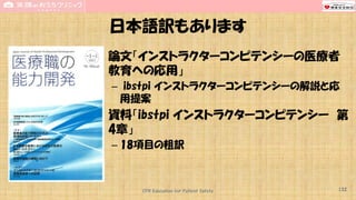 日本語訳もあります
• 論文「インストラクターコンピテンシーの医療者
教育への応用」
– ibstpi インストラクターコンピテンシーの解説と応
用提案
• 資料「ibstpi インストラクターコンピテンシー 第
4章」
– 18項目の粗訳
CPR Education for Patient Safety 132
 