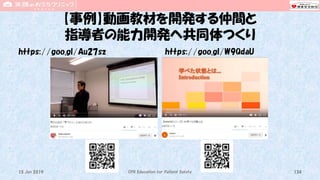 【事例】動画教材を開発する仲間と
指導者の能力開発へ共同体つくり
https://goo.gl/Au27sz https://goo.gl/W9QdaU
CPR Education for Patient Safety15 Jun 2019 134
 