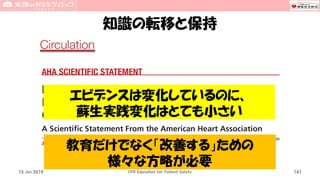 知識の転移と保持
15 Jun 2019 CPR Education for Patient Safety 141
エビデンスは変化しているのに、
蘇生実践変化はとても小さい
教育だけでなく「改善する」ための
様々な方略が必要
 