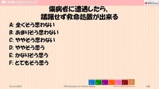 傷病者に遭遇したら、
躊躇せず救命処置が出来る
A: 全くそう思わない
B: あまりそう思わない
C: ややそう思わない
D: ややそう思う
E: かなりそう思う
F: とてもそう思う
CPR Education for Patient Safety 148
0
vote at Tak-Mats.participoll.com
A B C D E F
15 Jun 2019
 