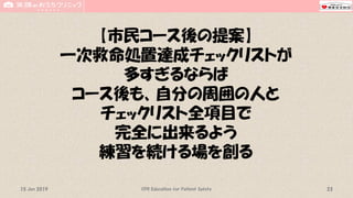 【市民コース後の提案】
一次救命処置達成チェックリストが
多すぎるならば
コース後も、自分の周囲の人と
チェックリスト全項目で
完全に出来るよう
練習を続ける場を創る
CPR Education for Patient Safety 2315 Jun 2019
 