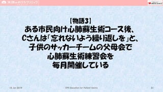 【物語3】
ある市民向け心肺蘇生術コース後、
Cさんは「忘れないよう繰り返しを」と、
子供のサッカーチームの父母会で
心肺蘇生術練習会を
毎月開催している
CPR Education for Patient Safety 3115 Jun 2019
 