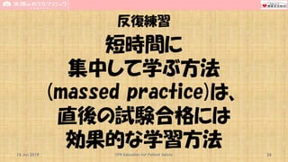 反復練習
短時間に
集中して学ぶ方法
(massed practice)は、
直後の試験合格には
効果的な学習方法15 Jun 2019 CPR Education for Patient Safety 34
 