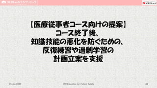 【医療従事者コース向けの提案】
コース終了後、
知識技能の悪化を防ぐための、
反復練習や過剰学習の
計画立案を支援
CPR Education for Patient Safety 4015 Jun 2019
 