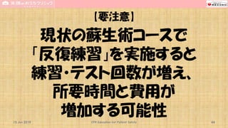 【要注意】
現状の蘇生術コースで
「反復練習」を実施すると
練習・テスト回数が増え、
所要時間と費用が
増加する可能性15 Jun 2019 CPR Education for Patient Safety 44
 
