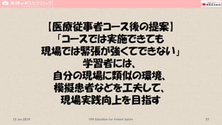【医療従事者コース後の提案】
「コースでは実施できても
現場では緊張が強くてできない」
学習者には、
自分の現場に類似の環境、
模擬患者などを工夫して、
現場実践向上を目指す
CPR Education for Patient Safety 5715 Jun 2019
 