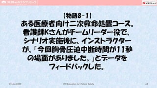 【物語8-1】
ある医療者向け二次救命処置コース。
看護師Kさんがチームリーダー役で、
シナリオ実施後に、インストラクター
が、「今回胸骨圧迫中断時間が11秒
の場面がありました。」とデータを
フィードバックした。
CPR Education for Patient Safety 6215 Jun 2019
 