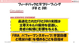 フィードバックとデブリーフィング
(FB と DB)
15 Jun 2019 CPR Education for Patient Safety 64
最適化されたFDとDBの実践は
主要スキルの保持を促進し、
患者の転帰に影響を与える。
FBは、パフォーマンスギャップ（学習目標
と現状の差）を埋めることを目指す
 