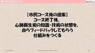 【市民コース後の提案】
コース終了後、
心肺蘇生術の知識・技術の状態を、
自らフィードバックしてもらう
仕組みをつくる
CPR Education for Patient Safety 7615 Jun 2019
 