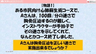 【物語1】
ある市民向け心肺蘇生術コースで、
Aさんは、100回/分の速さで
胸骨圧迫するのが難しく、
インストラクターが手拍子で
その速さを示してくれて、
なんとかコース終了しました。
CPR Education for Patient Safety 915 Jun 2019
Aさんは胸骨圧迫を正しい速さで
実施出来るでしょうか？
 