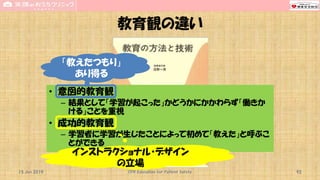 教育観の違い
• 意図的教育観
– 結果として「学習が起こった」かどうかにかかわらず「働きか
ける」ことを重視
• 成功的教育観
– 学習者に学習が生じたことによって初めて「教えた」と呼ぶこ
とができる
15 Jun 2019 CPR Education for Patient Safety 92
「教えたつもり」
あり得る
インストラクショナル・デザイン
の立場
 