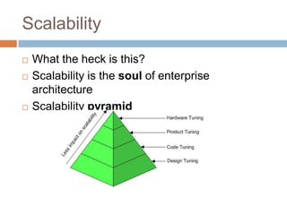 Scalability
   What the heck is this?
   Scalability is the soul of enterprise
    architecture
   Scalability pyramid
 