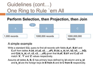 Guidelines (cont…)
  One Ring to Rule `em All
  Perform Selection, then Projection, then Join
                          a_i
                           d

         A                              B                             C


1,000 records                   1000,000 records             1000,000,000
                                                             records

   A simple example
   Write a standard SQL query to find all records with fields A.a1, B.b1 and
      C.c1 from tables A (id, a1,a2, a3, …,aP), B (id, a_id, b1, b2, b3, …, bQ),
      and C(id, b_id, c1, c2, c3, …,cR) given that A.aX, B.bY and C.cZ will
      match ‘X’, ‘Y’ and ‘Z’ values respectively.
   Assume all tables A, B, C has primary keys defined by id column and a_id
     and b_id are the foreign keys in B from A and in C from B respectively.
 