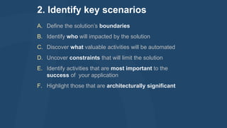 2. Identify key scenarios
A. Define the solution’s boundaries
B. Identify who will impacted by the solution
C. Discover what valuable activities will be automated
D. Uncover constraints that will limit the solution
E. Identify activities that are most important to the
success of your application
F. Highlight those that are architecturally significant

 