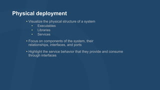 Physical deployment
• Visualize the physical structure of a system
• Executables
• Libraries
• Services
• Focus on components of the system, their
relationships, interfaces, and ports
• Highlight the service behavior that they provide and consume
through interfaces

 