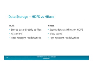 Data	
  Storage	
  –	
  HDFS	
  vs	
  HBase	
  
HDFS	
  
•  Stores	
  data	
  directly	
  as	
  ﬁles	
  
•  Fast	
  scans	...