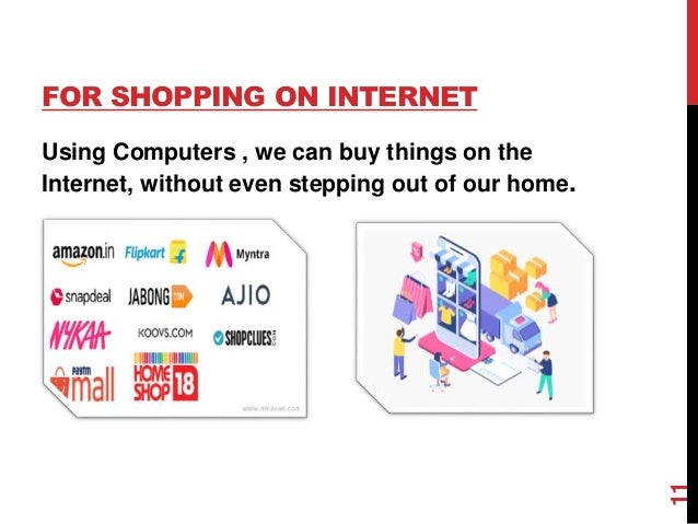 FOR SHOPPING ON INTERNET
Using Computers , we can buy things on the
Internet, without even stepping out of our home.
11
 