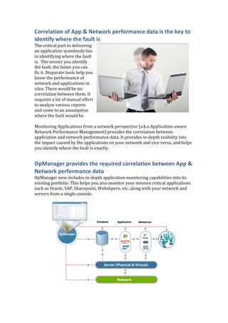 Correlation	
  of	
  App	
  &	
  Network	
  performance	
  data	
  is	
  the	
  key	
  to	
  
identify	
  where	
  the	
  fault	
  is	
  
The	
  critical	
  part	
  in	
  delivering	
  
an	
  application	
  seamlessly	
  lies	
  
in	
  identifying	
  where	
  the	
  fault	
  
is.	
  	
  The	
  sooner	
  you	
  identify	
  
the	
  fault,	
  the	
  faster	
  you	
  can	
  
fix	
  it.	
  Disparate	
  tools	
  help	
  you	
  
know	
  the	
  performance	
  of	
  
network	
  and	
  applications	
  in	
  
silos.	
  There	
  would	
  be	
  no	
  
correlation	
  between	
  them.	
  It	
  
requires	
  a	
  lot	
  of	
  manual	
  effort	
  
to	
  analyze	
  various	
  reports	
  
and	
  come	
  to	
  an	
  assumption	
  
where	
  the	
  fault	
  would	
  be.	
  	
  
	
  
Monitoring	
  Applications	
  from	
  a	
  network	
  perspective	
  (a.k.a	
  Application-­‐aware	
  
Network	
  Performance	
  Management)	
  provides	
  the	
  correlation	
  between	
  
application	
  and	
  network	
  performance	
  data.	
  It	
  provides	
  in-­‐depth	
  visibility	
  into	
  
the	
  impact	
  caused	
  by	
  the	
  applications	
  on	
  your	
  network	
  and	
  vice	
  versa,	
  and	
  helps	
  
you	
  identify	
  where	
  the	
  fault	
  is	
  exactly.	
  
OpManager	
  provides	
  the	
  required	
  correlation	
  between	
  App	
  &	
  
Network	
  performance	
  data	
  
OpManager	
  now	
  includes	
  in-­‐depth	
  application	
  monitoring	
  capabilities	
  into	
  its	
  
existing	
  portfolio.	
  This	
  helps	
  you	
  also	
  monitor	
  your	
  mission	
  critical	
  applications	
  
such	
  as	
  Oracle,	
  SAP,	
  Sharepoint,	
  Webshpere,	
  etc.	
  along	
  with	
  your	
  network	
  and	
  
servers	
  from	
  a	
  single	
  console.	
  
	
  
	
  
 