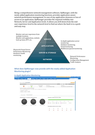 Being	
  a	
  comprehensive	
  network	
  management	
  software,	
  OpManager,	
  with	
  the	
  
newly	
  added	
  application	
  monitoring	
  functions,	
  provides	
  application-­‐aware	
  
network	
  performance	
  management.	
  In	
  case	
  of	
  any	
  application	
  slowness	
  or	
  loss	
  of	
  
access	
  to	
  an	
  application,	
  OpManager	
  provides	
  the	
  required	
  visibility	
  into	
  
Network,	
  Server	
  and	
  Application	
  levels.	
  It	
  allows	
  you	
  drill	
  down	
  from	
  the	
  end-­‐
user	
  experience	
  level	
  to	
  the	
  network	
  level	
  to	
  find	
  out	
  where	
  the	
  fault	
  is	
  in	
  a	
  quick	
  
and	
  easy	
  way.	
  
	
  
	
  
	
  
What	
  does	
  OpManager	
  now	
  provide	
  with	
  the	
  newly	
  added	
  Application	
  
Monitoring	
  plugin?	
  
In-­‐depth	
  Application	
  Monitoring	
  
	
  
Network	
  Performance	
  
Monitoring	
  
Configuration	
  Management	
  
Traffic	
  Analysis	
  
Physical	
  &	
  Virtual	
  Server	
  
Performance	
  Monitoring	
  
Hardware	
  health	
  
monitoring	
  
In-­‐depth	
  application	
  server	
  
monitoring	
  
Database	
  monitoring	
  
Cloud	
  monitoring	
  
Middleware/portal	
  monitoring	
  
Monitor	
  end-­‐user	
  experience	
  from	
  
multiple	
  locations	
  
Monitor	
  web	
  applications,	
  website	
  
look	
  up	
  times,	
  RTT,	
  etc.	
  
 